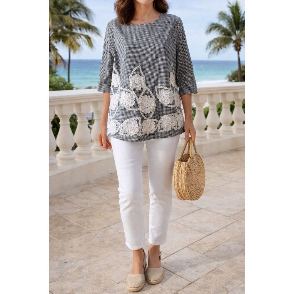 Trisha Tyler Gingham 3D Floral Top S Cottagecore Appliques Lagenlook Cottagecore